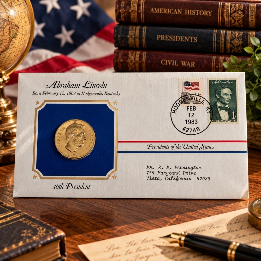 Abraham Lincoln Presidential Medal Cover 24kt Gold Plated 1983 Postal Society